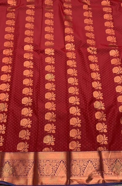 Vegan Silk Saree Maroon Colour with Copper Floral Design Border