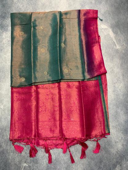 Soft Silk Saree Green Colour and Stone Work with Pink Colour Pallu