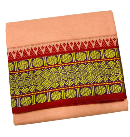 9X5 Cotton Dhoti Peach Colour with Red and Blue Border