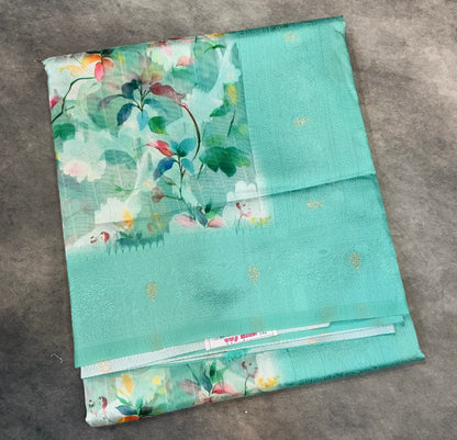 Digital Print Cotton Saree Sapphire Colour with Floral Pattern