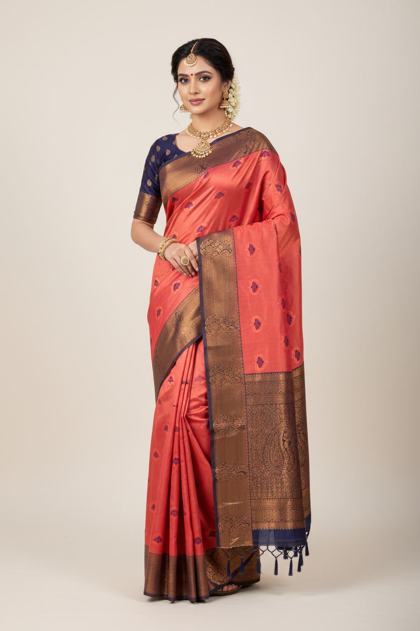 Art Silk Saree Pink Colour with Navy Blue Border
