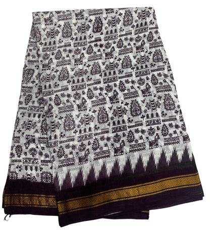 Chettinad Sungudi Cotton White Colour with Printed Saree with Brown Border