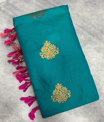 Soft Vegan Silk Saree Rama Green Colour with Pink and Copper Border