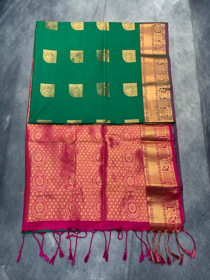 Soft Vegan Silk Saree Light Green Colour with Pink and Sliver Border