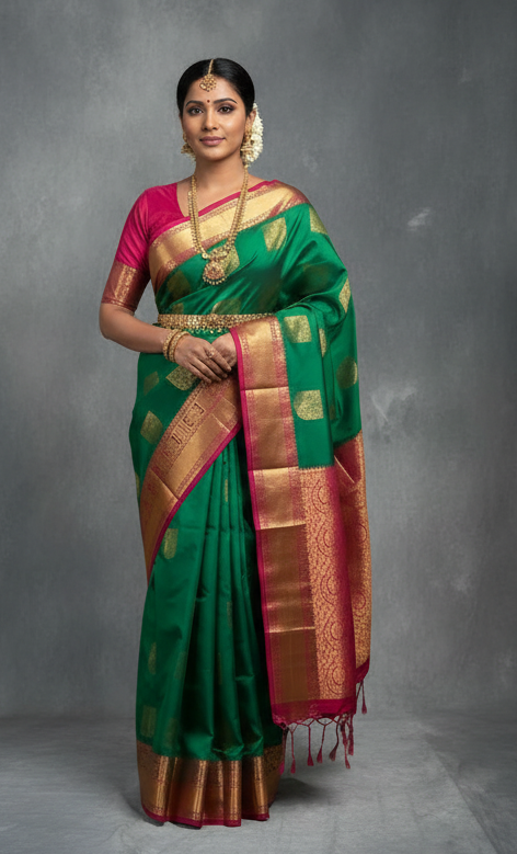 Soft Vegan Silk Saree Light Green Colour with Pink and Sliver Border