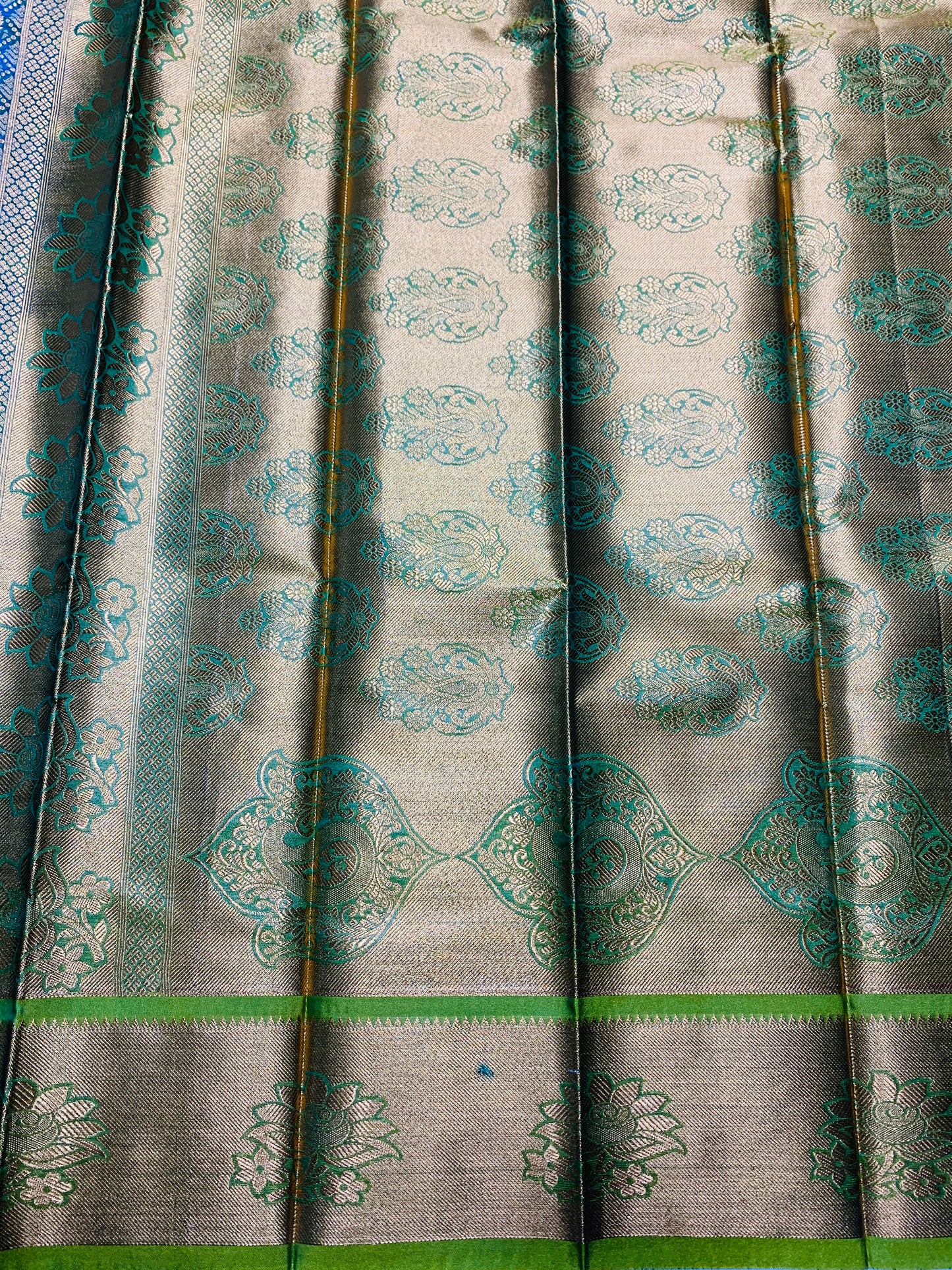 Vegan Silk Saree Rama Blue Colour with Copper and Light Green Border