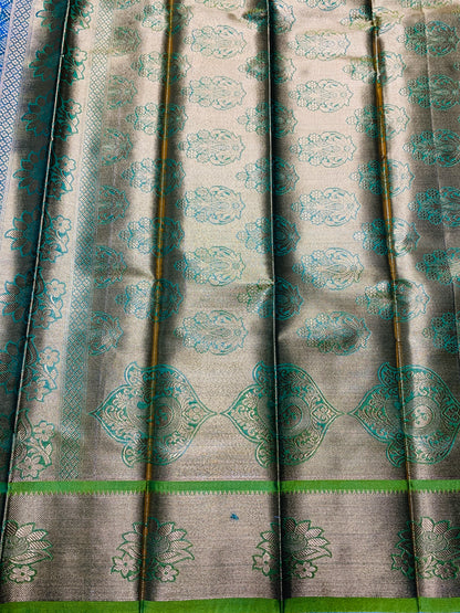 Vegan Silk Saree Rama Blue Colour with Copper and Light Green Border