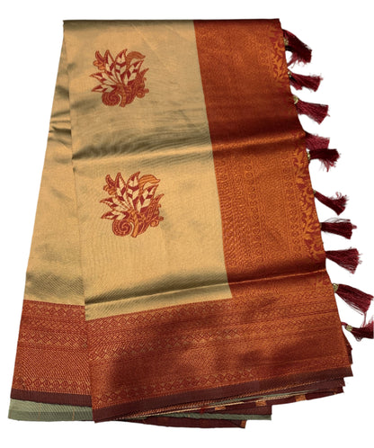 Art Silk Sandal Colour Saree with Maroon Border