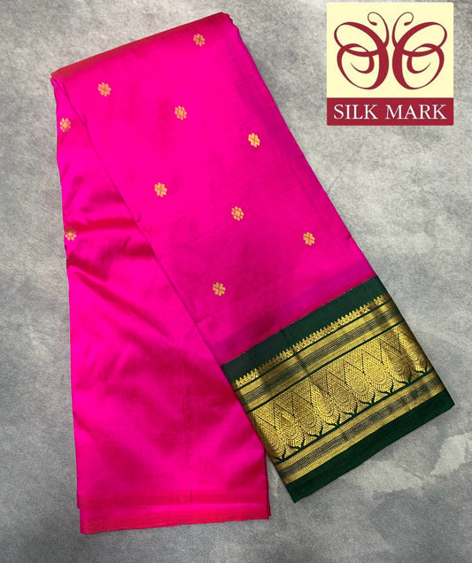 Pure Kanchipuram Silk Saree Pink Colour with Green with Golden Zari Work Border