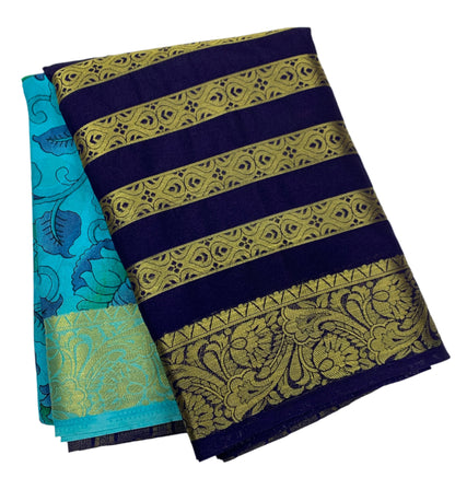 Crepe Saree Sky Blue Colour with Big Navy Blue Border