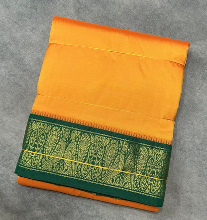 9X5 Pure Silk Dhoti Mango Yellow Colour with Green and Maroon Ganga Jamuna Border