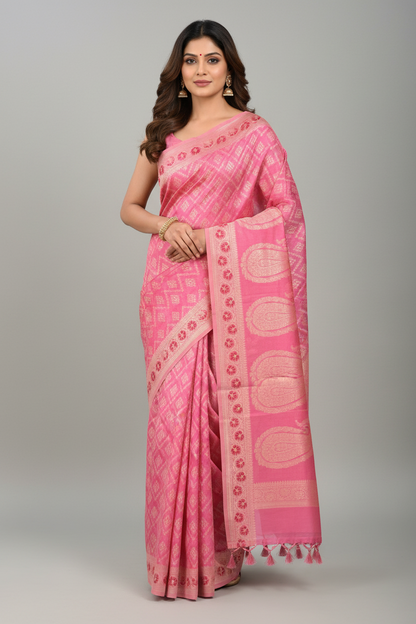 Chettinad Cotton Saree Baby Pink Colour with Red Floral Motifs Sliver Zari Base Border