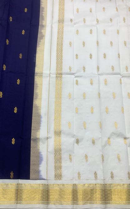 Pure Kanchipuram Silk Saree Navy Blue Colour with White and Gold Zari Border