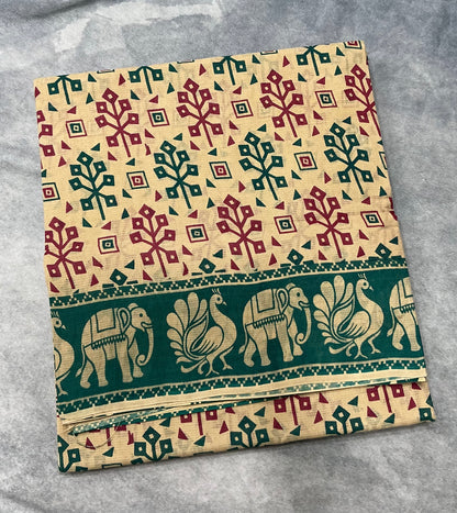 Chettinad Sungudi Cotton Sandal Colour with Rama Green Colour Border