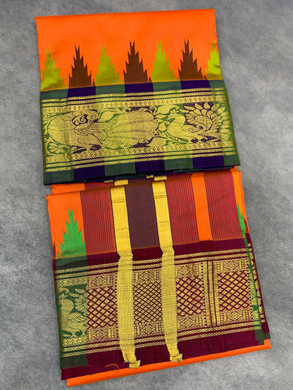 6 Mulam Silk Pooja Towel Orange Colour with Ganga Jamuna Korvai Border