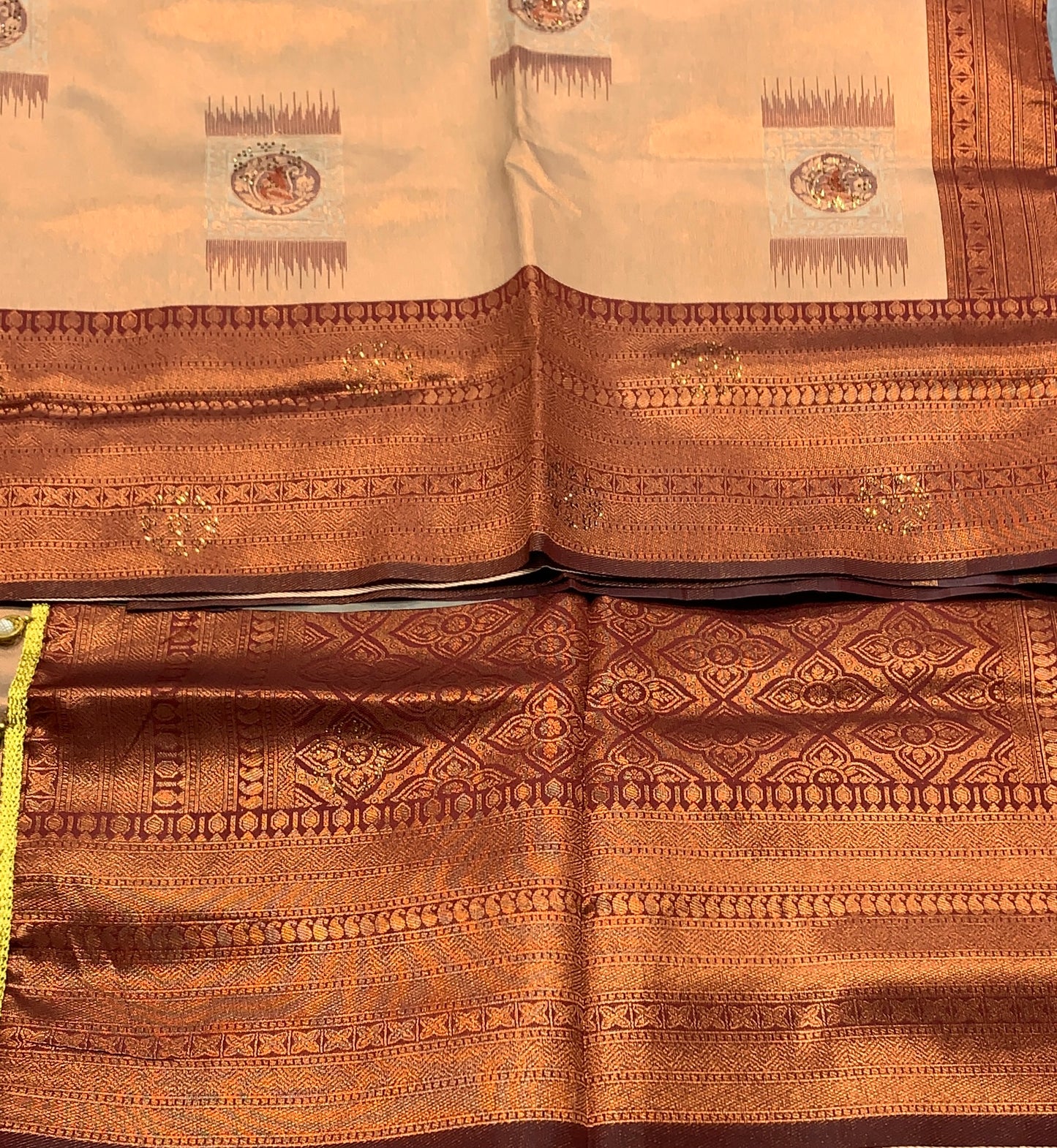 Art Silk Saree Sandal Colour and Stone Work with Maroon Border