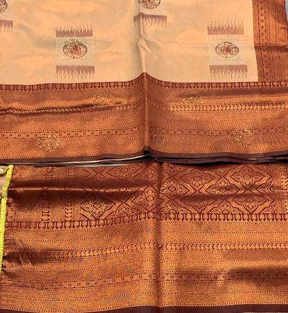 Art Silk Saree Sandal Colour and Stone Work with Maroon Border