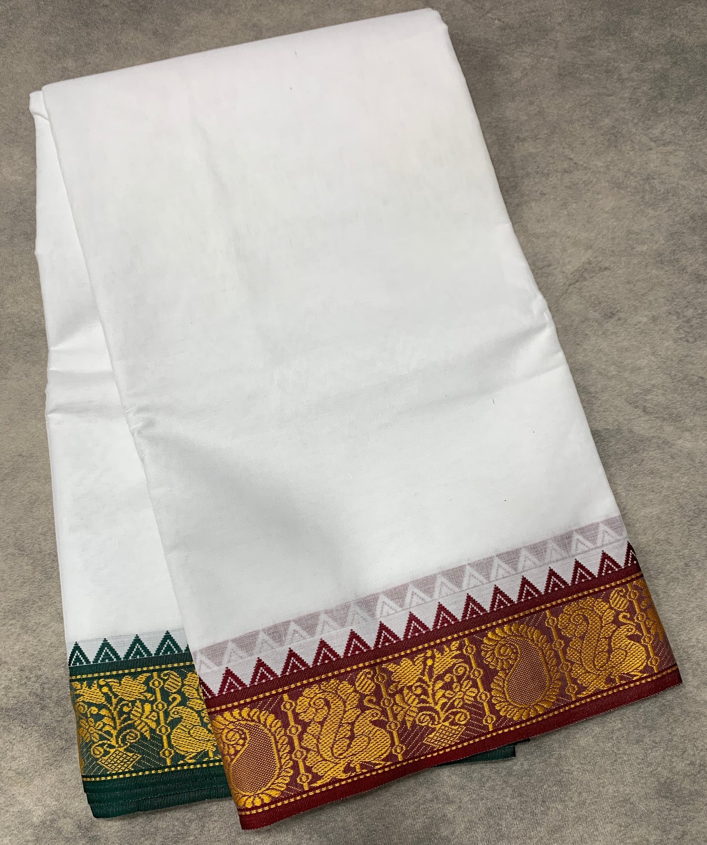 9X5 Cotton Dhoti White Colour with Brown and Green Border with Angavastram