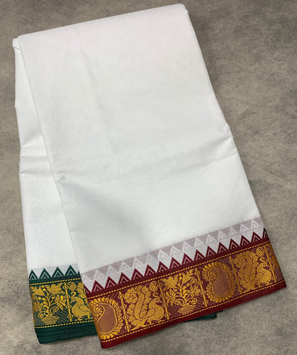 9X5 Cotton Dhoti White Colour with Brown and Green Border with Angavastram