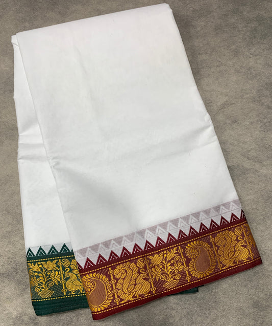 9X5 Cotton Dhoti White Colour with Brown and Green Border with Angavastram