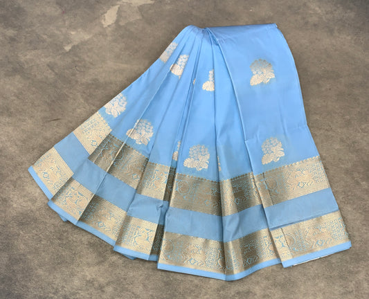 Soft Silk Casual Saree Ice Blue Colour with Rettai Pettu Border