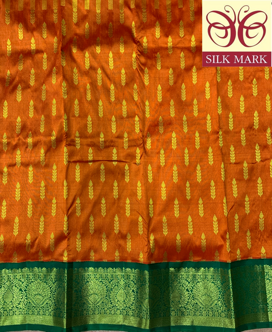 Orange Shade Pure kanchipuram Kids Pattu Pavadai with Contrast Border for Newborn to 2 Years