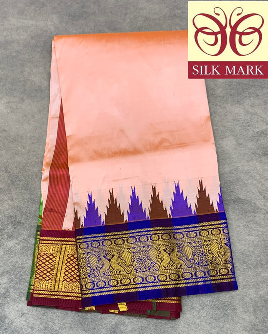 6 Mulam Silk Pooja Towel Peach Colour with Ganga Jamuna Korvai Border
