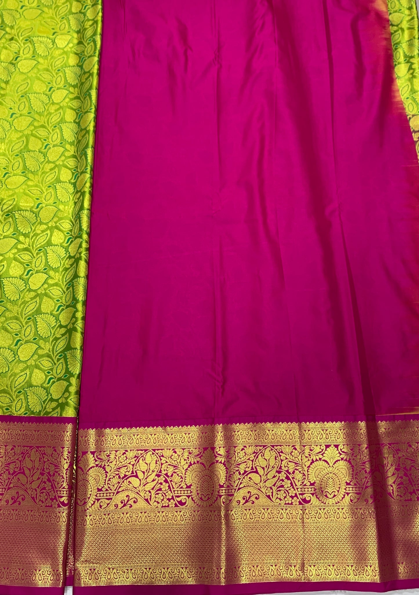 Lime Green shade Vegan Silk Kids Pattu Pavadai with Contrast border for age above 10 years