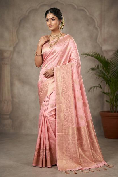 Art Silk Saree Peach Colour with Sliver Zari Border