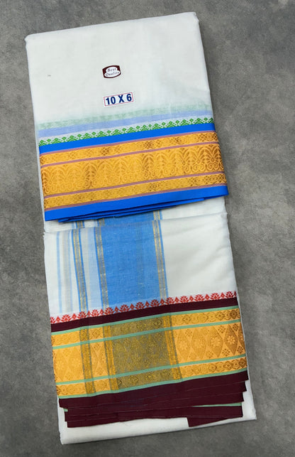 10X6 Cotton Dhoti White Colour with Yellow Border
