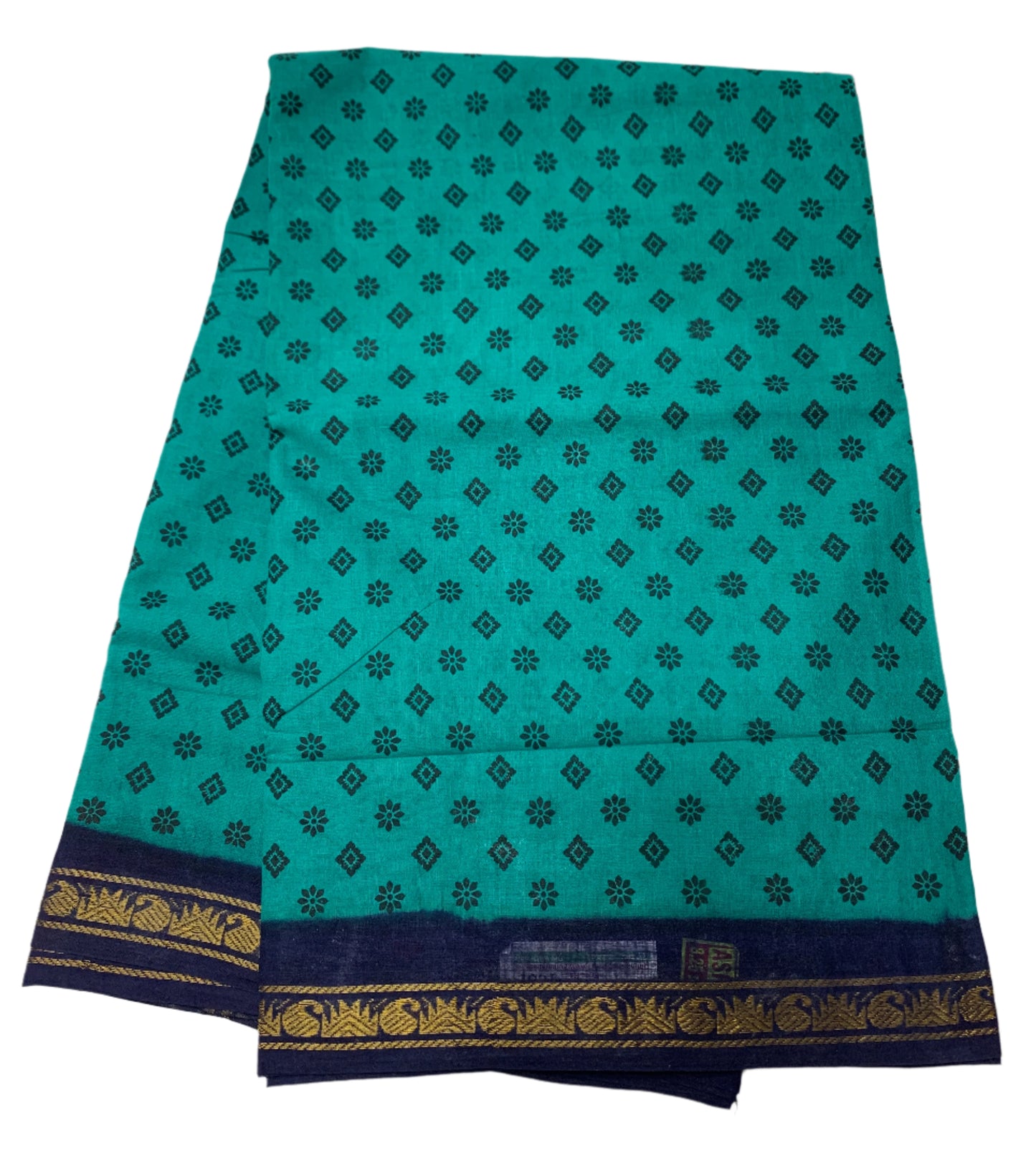 9 yards Cotton Saree Rama Green with Navy Blue Border