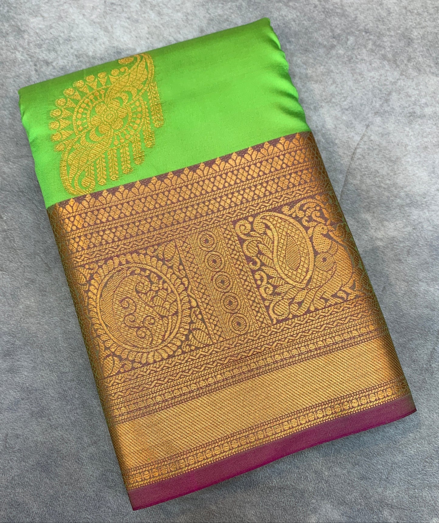 Soft Silk Casual Saree Apple Green Colour with Pink and Golden Colour Border