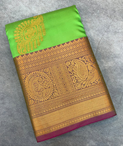 Soft Silk Casual Saree Apple Green Colour with Pink and Golden Colour Border