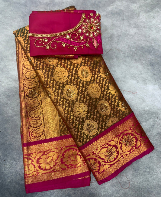 Bridal Vegan Silk Saree Olive Green shade with Pink Border with Unstitched blouse in Aari Work