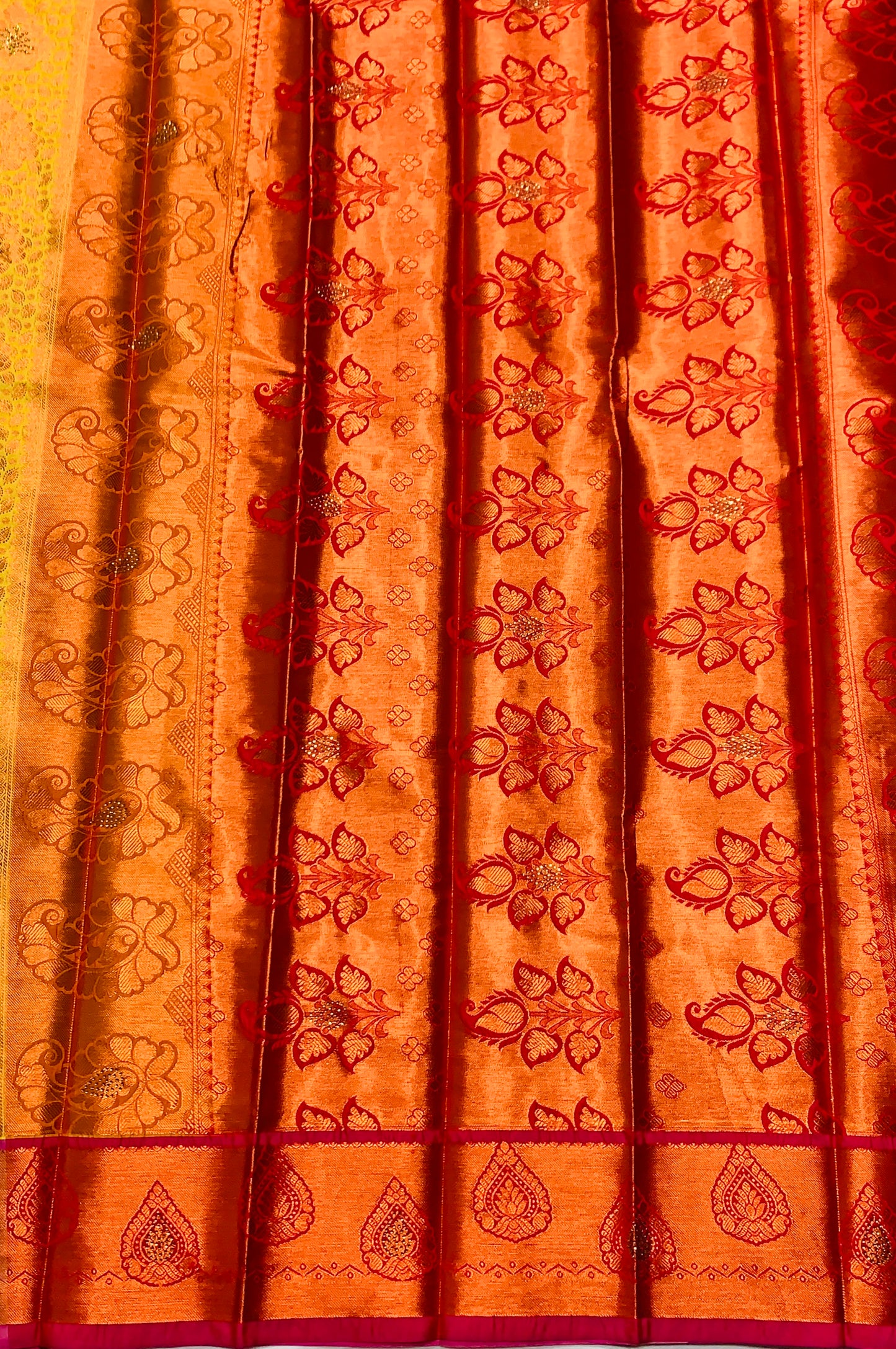 Vegan Silk Saree Lemon Yellow Colour with Copper and Pink Border