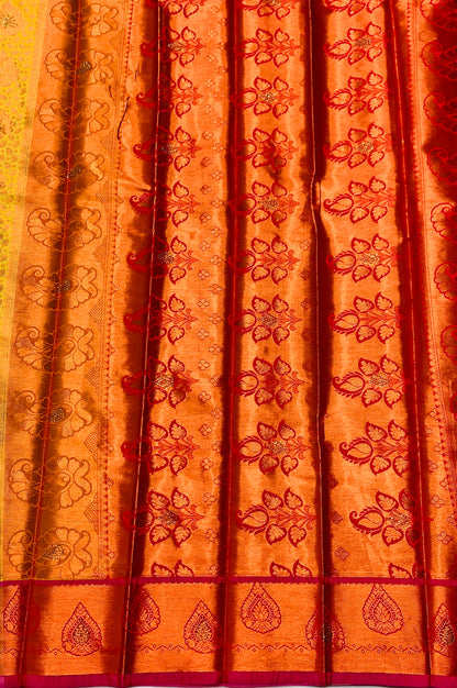 Vegan Silk Saree Lemon Yellow Colour with Copper and Pink Border