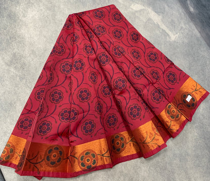 Fancy Cotton Saree Maroon Colour with Copper Border