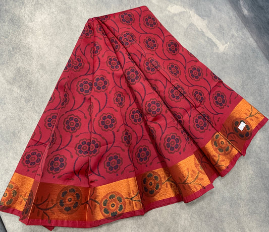 Fancy Cotton Saree Maroon Colour with Copper Border