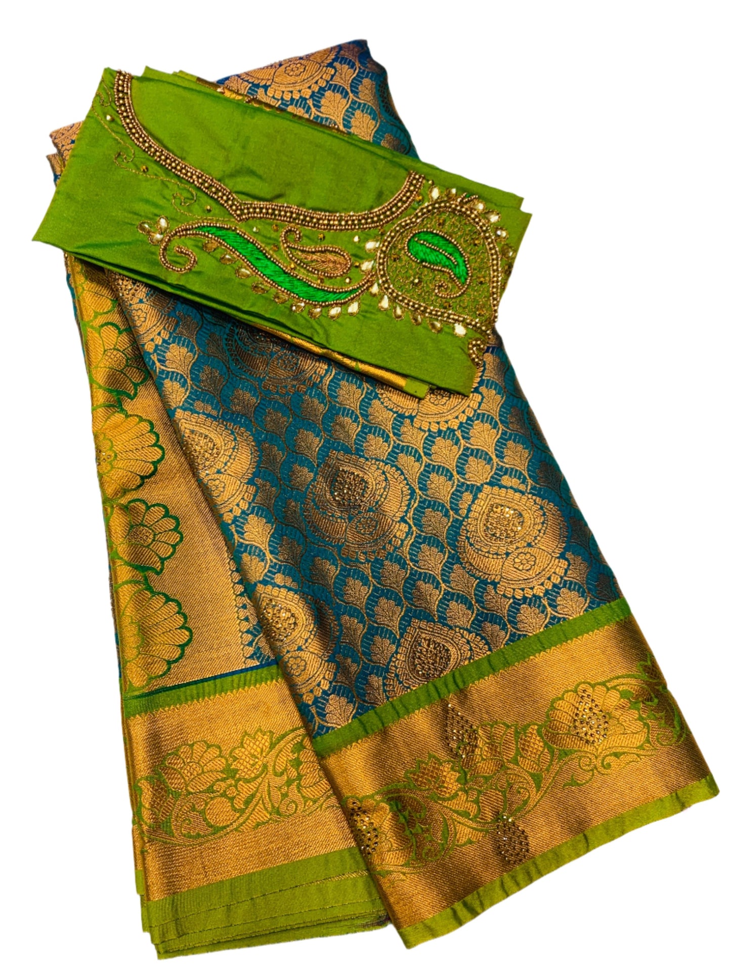 Bridal Vegan Silk Saree Pastel Green shade with Green Border with Unstitched blouse in Aari work