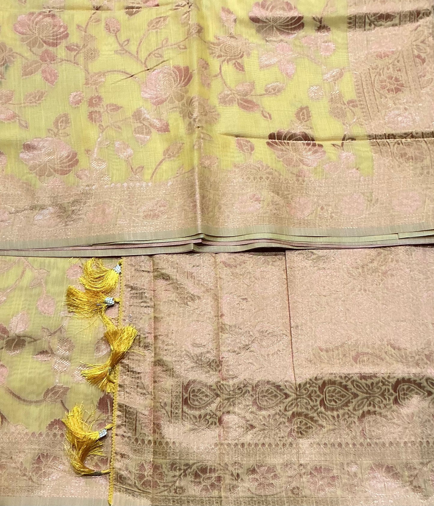 Banaras Katan Saree Yellow Colour with Katan Work Border