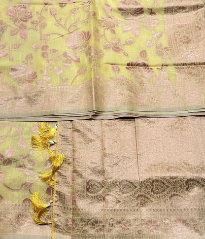 Banaras Katan Saree Yellow Colour with Katan Work Border