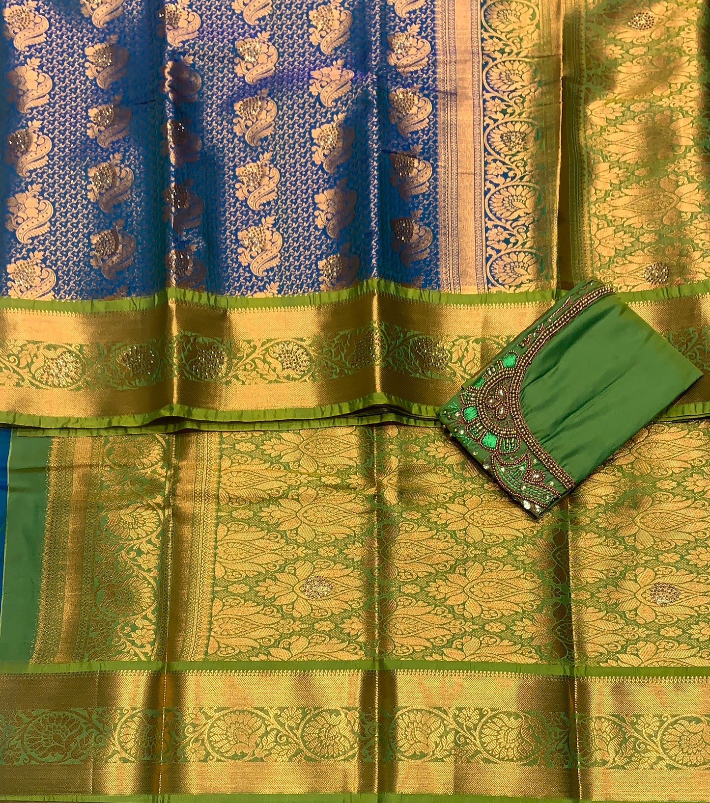 Bridal Vegan Silk Saree Rama Green shade with Light Green Border with Unstitched blouse in Aari Work