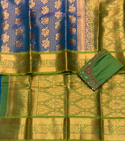 Bridal Vegan Silk Saree Rama Green shade with Light Green Border with Unstitched blouse in Aari Work