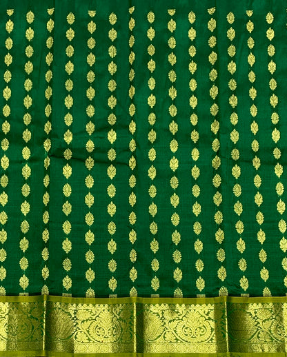 Green Shade Pure Kanchipuram Kids Pattu Pavadai with Contrast Border for Newborn to 2 Years