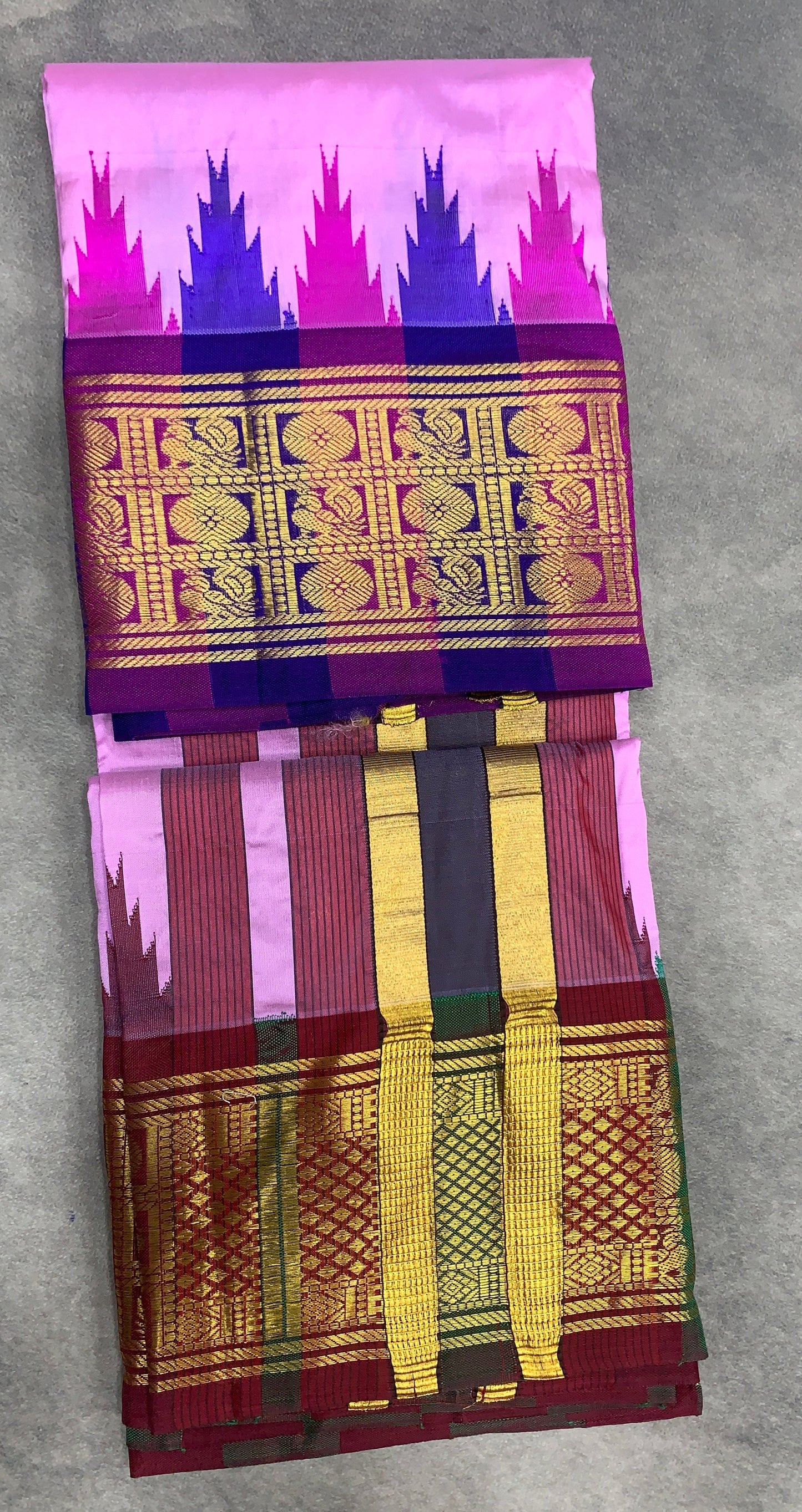 6 Mulam Silk Pooja Towel Baby Pink Colour with Ganga Jamuna Korvai Border
