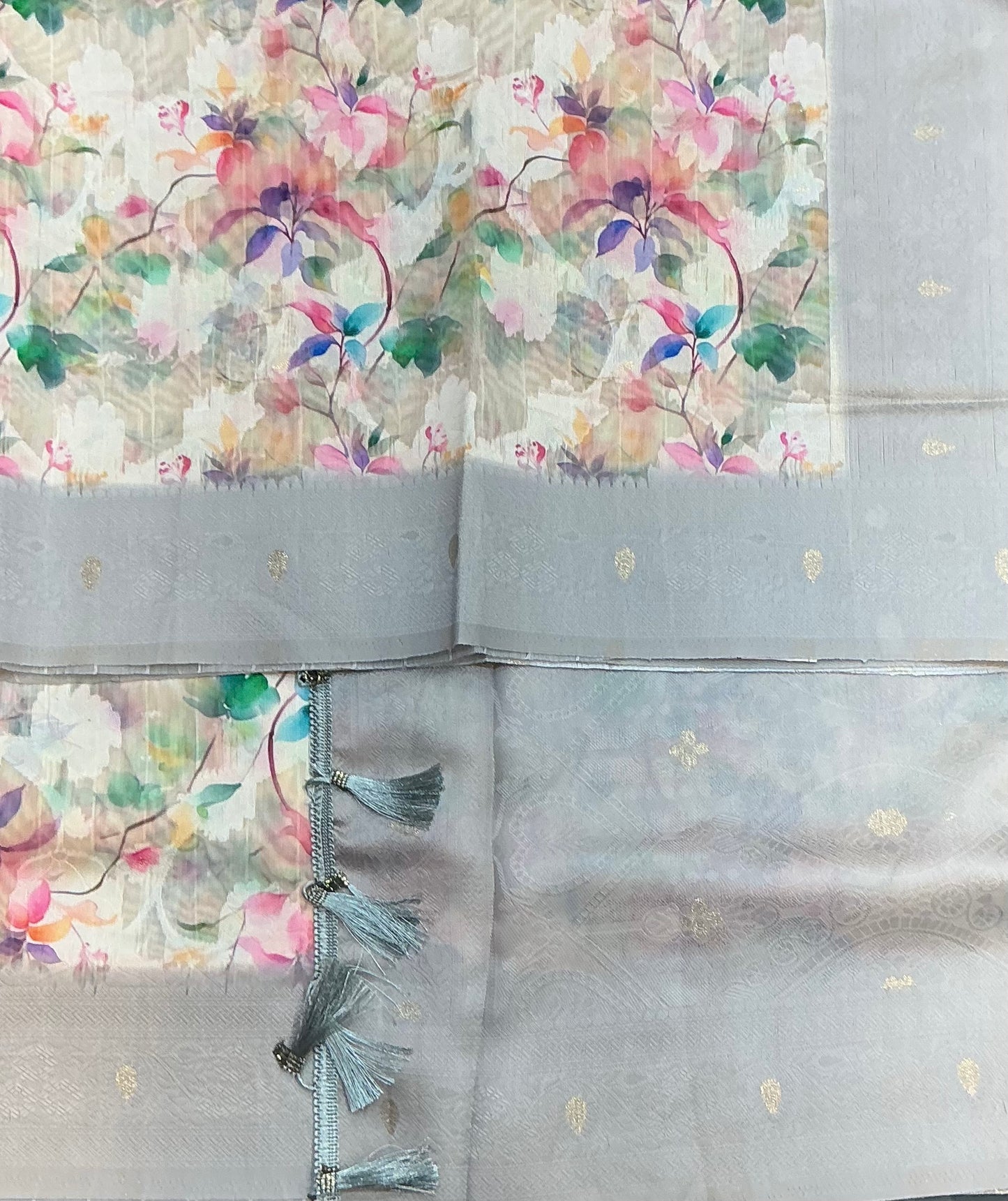 Digital Print Cotton Saree Gray Colour with Floral Pattern