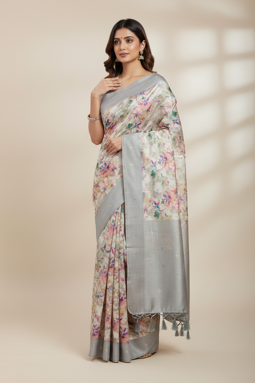 Digital Print Cotton Saree Gray Colour with Floral Pattern
