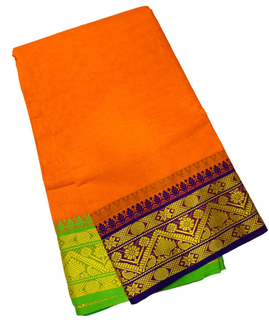 9X5 Cotton Dhoti Mango Yellow Colour with Blue and Light Green Border