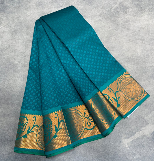 Synthetic Cotton Saree Rama Green Colour with Copper Border