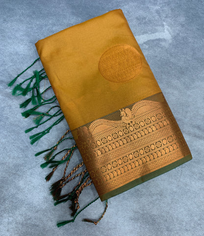 Soft Vegan Silk Saree Mustard Colour with Green and Copper Border